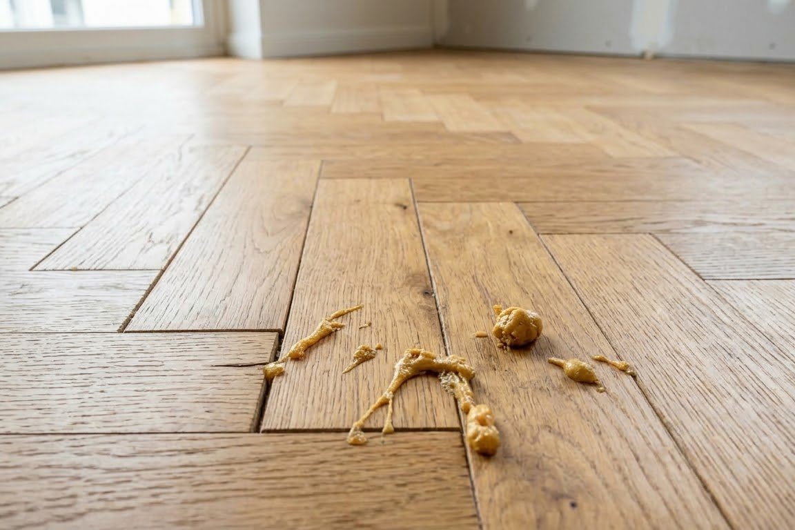 Cured expanding foam hardened on a parquet wood floor