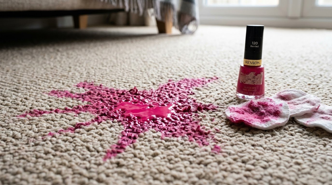 Red nail polish stain on beige carpet