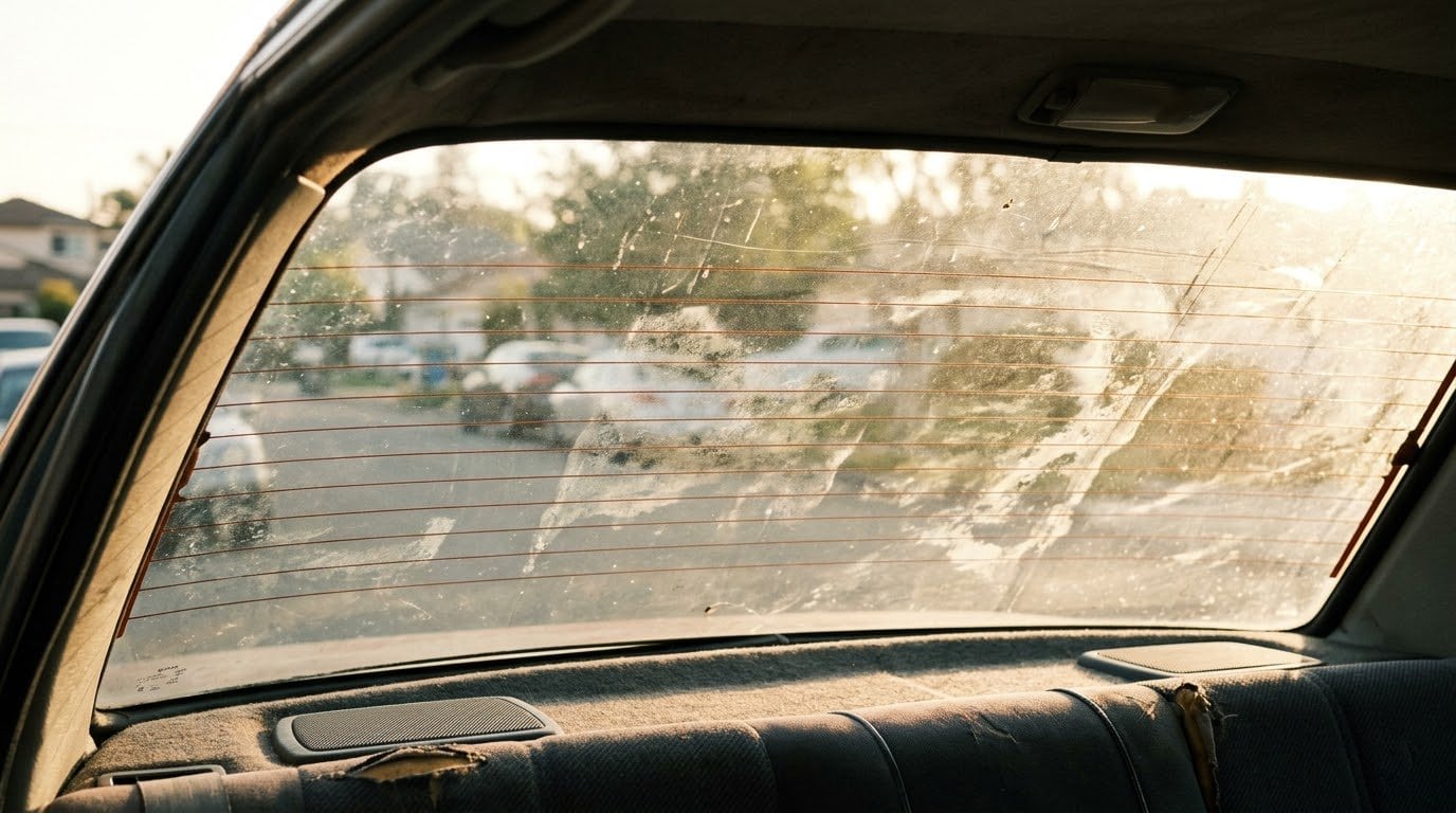 Car rear window with defroster lines and cloudy tint glue residue