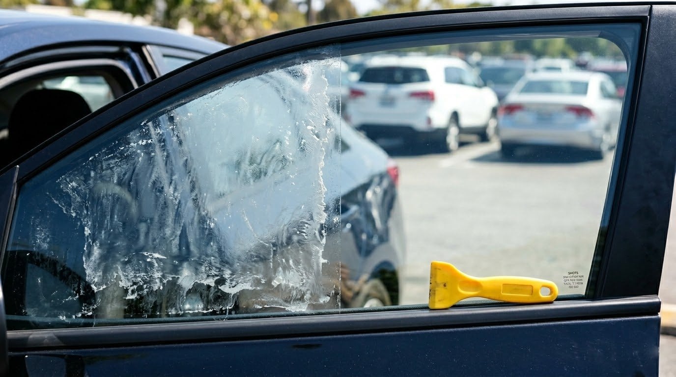 Car side window half-covered in cloudy tint glue residue being scraped clean